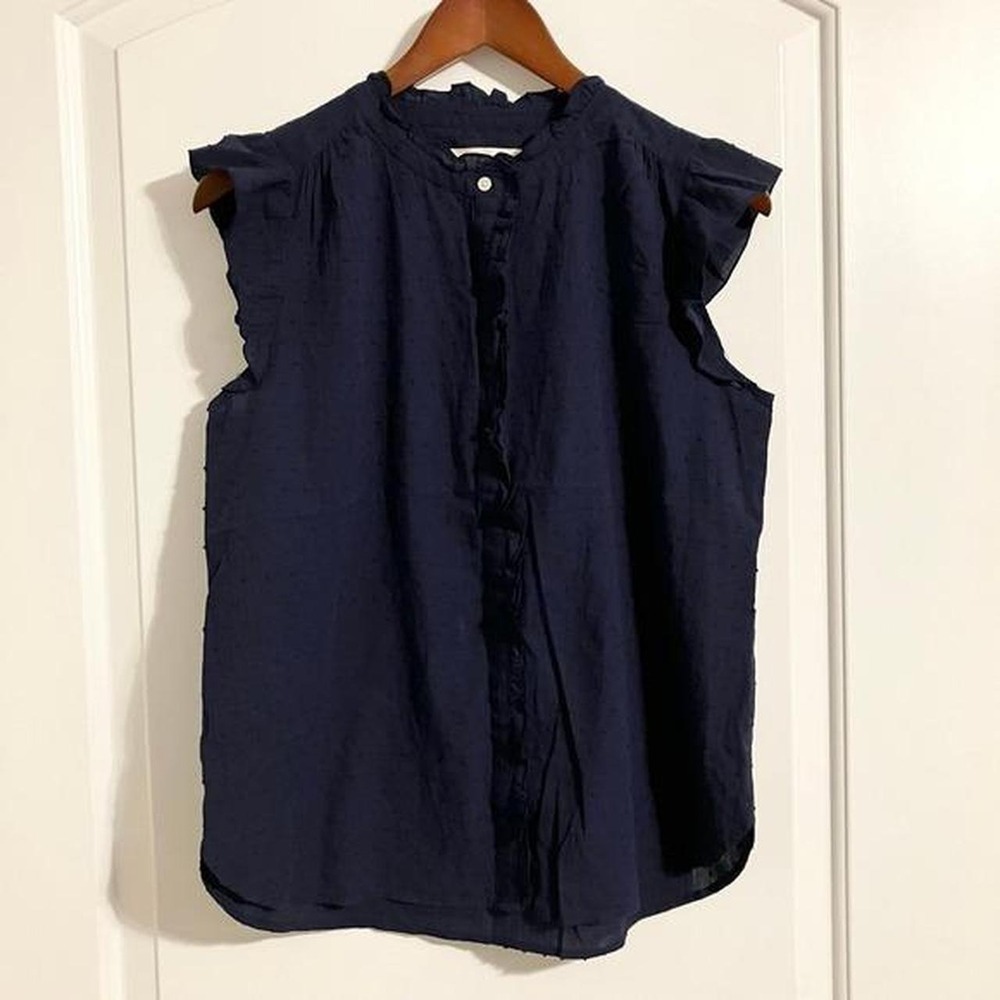 LOFT navy button up blouse ruffled cap sleeves Swiss dot embroidery Women's S
